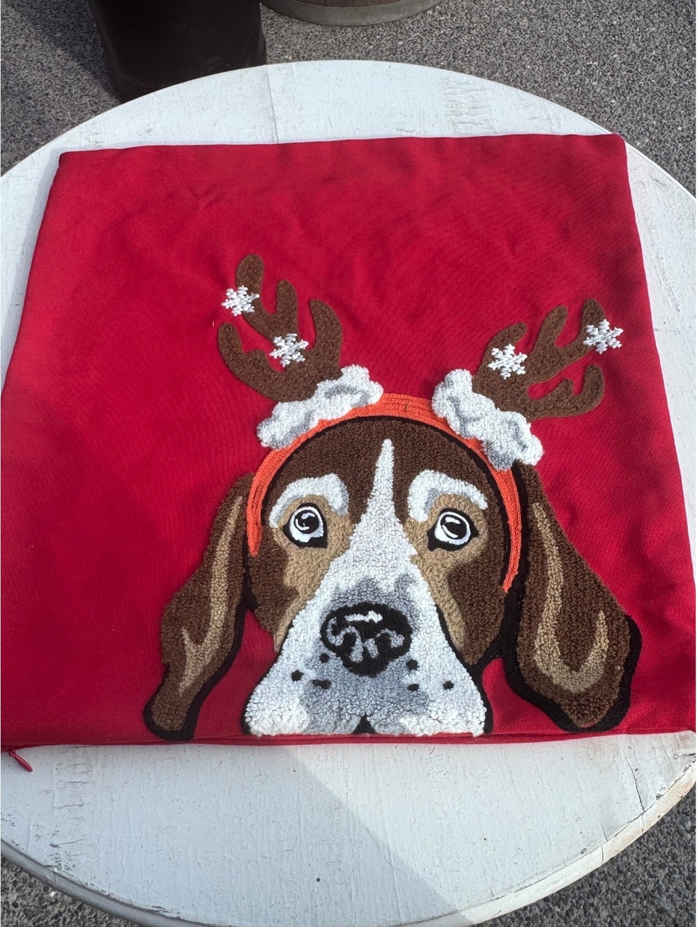Christmas Dog Pillow Cover 18x18 Reindeer Antlers Hound Beagle Red Holiday